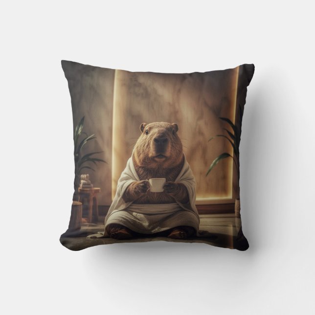 Spa Day Capybara Coffee Break Throw Pillow (Front)