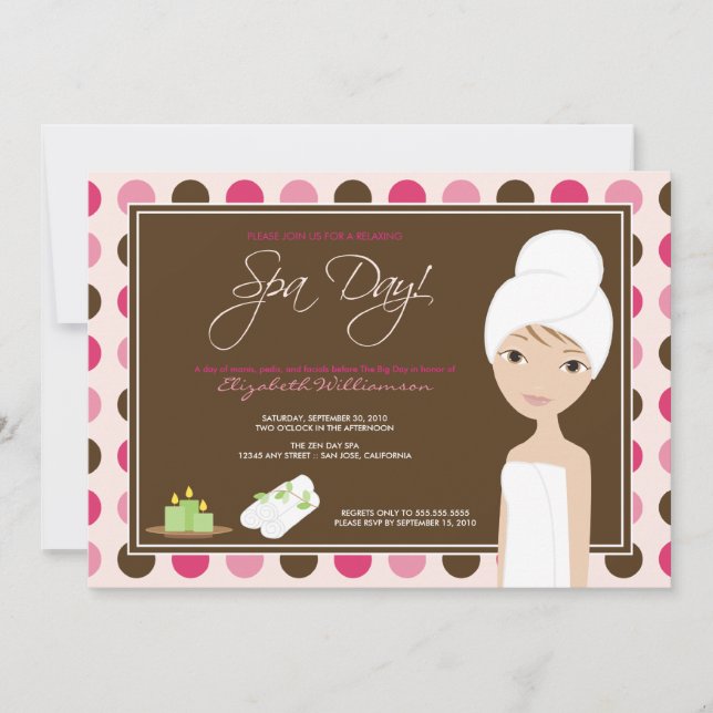 Spa Day Polka-dots Bridal Shower Invite (pink) (Front)