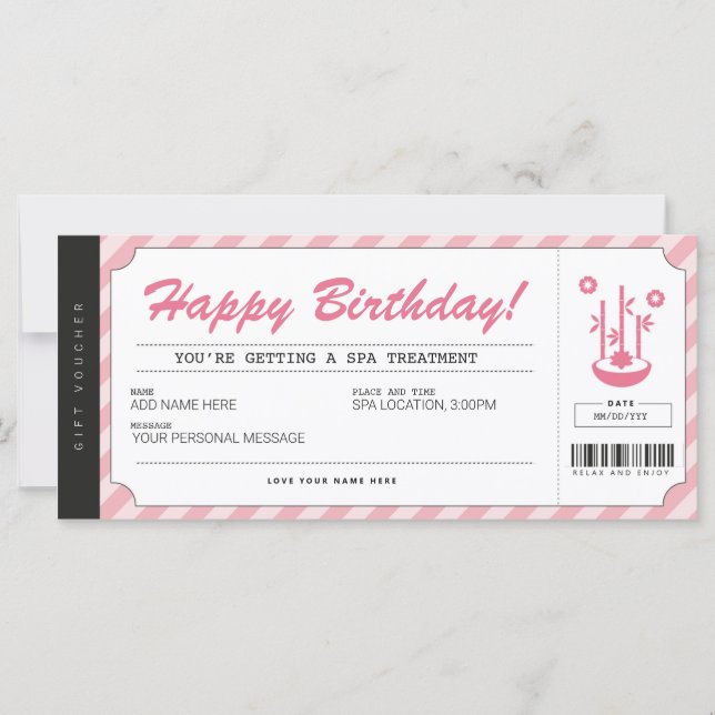 Spa Day Treatment Pink Gift Voucher Certificate (Front)