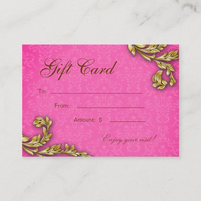 Spa Gift Card Elegant Gold Leaf Pink (Front)