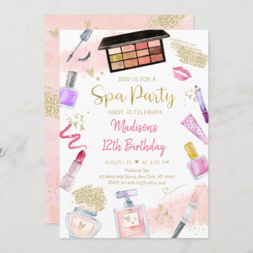  Spa Glitz  Glam Pink Gold Birthday Invitation