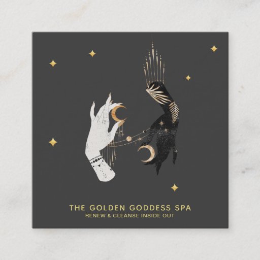 Customizable *~* Spa Hands Stars Moon Mystic Gold Palm Leaves Square Business Card