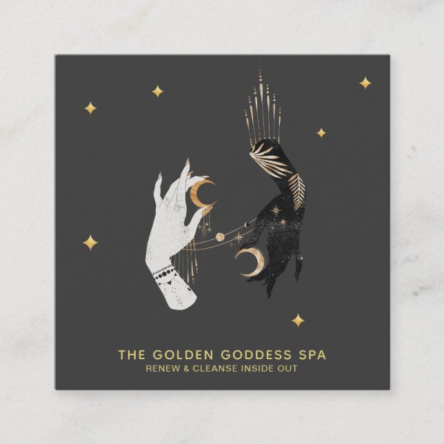*~* Spa Hands Stars Moon Mystic Gold Palm Leaves Square Business Card (Front)