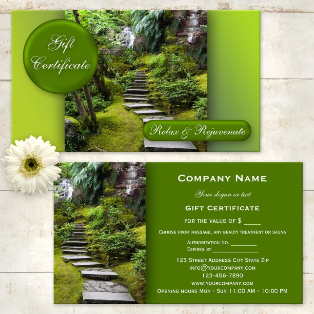 Spa Massage Beauty Gift Certificate Template (Green and refreshing - spa, massage, sauna or beauty gift certificate)