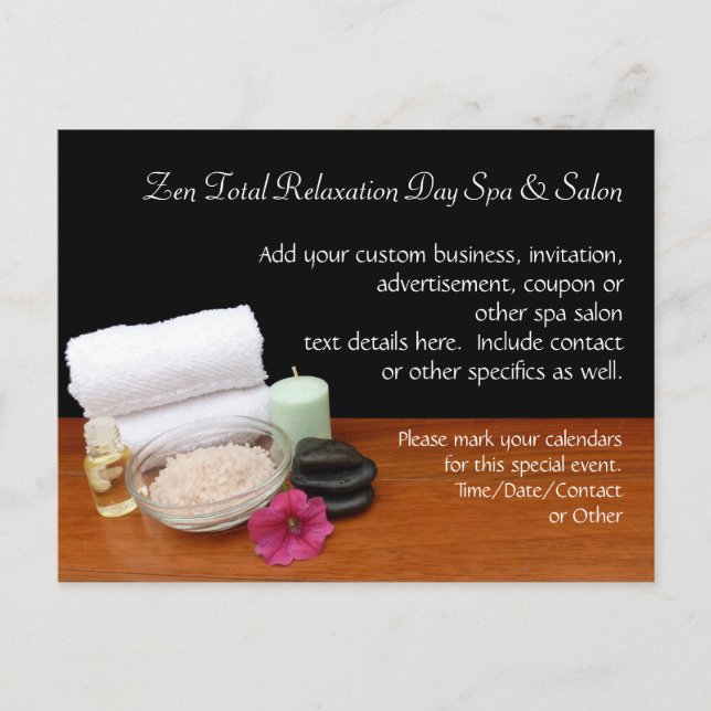 Spa/Massage/Pedicure Salon Scene Black/Color Invitation Postcard (Front)