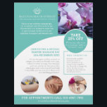 Spa massage wellness centre aqua promo flyer<br><div class="desc">Pamper event spa massage promo flyer. Template beauty massage spa treatment promotional marketing flyer,  ready for you to personalize with your own promotional text,  logo,  photos if required,  products,  services and business details. Other matching items available. Uniquely designed by www.mylittleeden.com</div>