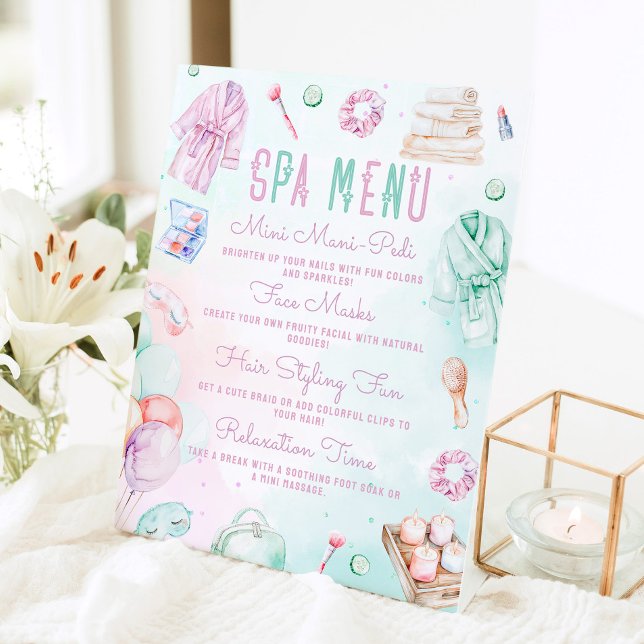 Spa Menu Pastel Kids Pamper Party Menu Pedestal Sign (Creator Uploaded)
