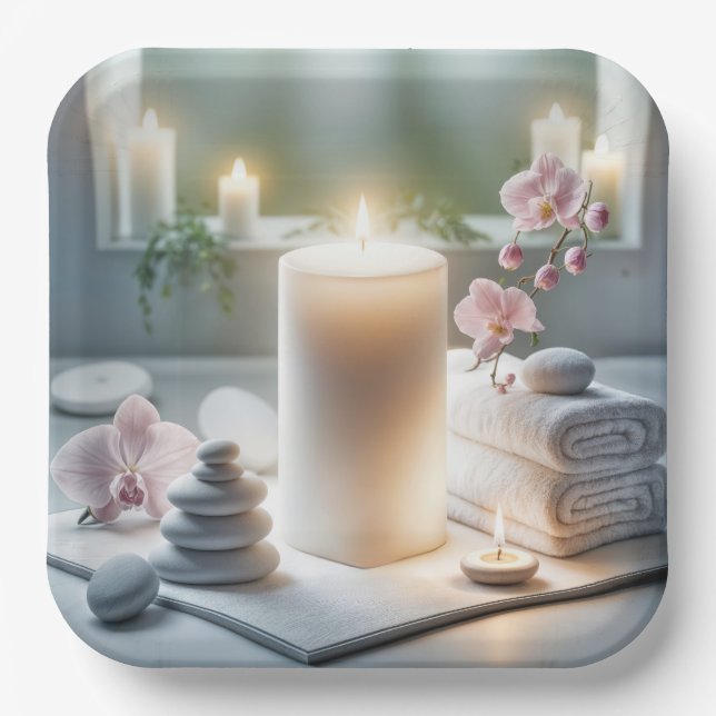 Spa Orchids and Glowing Candles Paper Plates (Front)