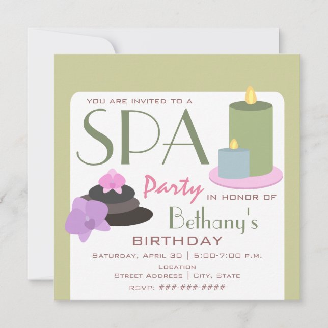 Spa Party Birthday - Candles Orchids and Stones Invitation (Front)