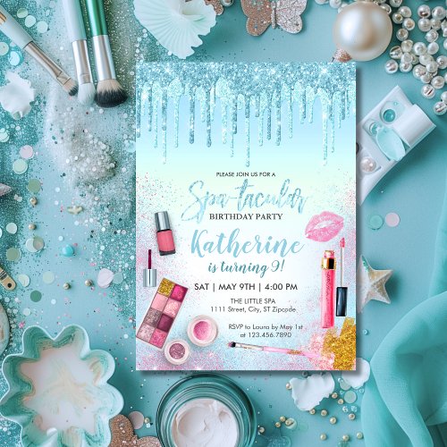 Spa Party Glam Girl Birthday Party Salon Blue Invitation