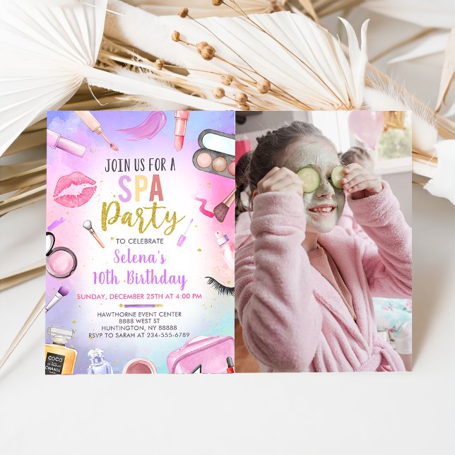 Spa Party Glitz Glam Girl Makeup Birthday Photo Invitation (Creator Uploaded)