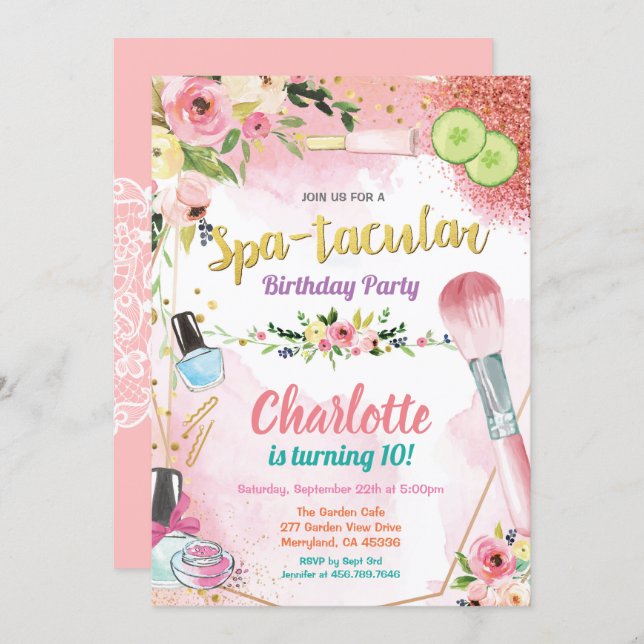 Spa party invitation. Girl birthday party floral Invitation (Front/Back)