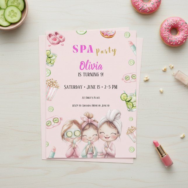 Spa Party Invitation Girls Pamper Birthday (Girls spa party invitation with pink pamper theme and watercolor beauty design)