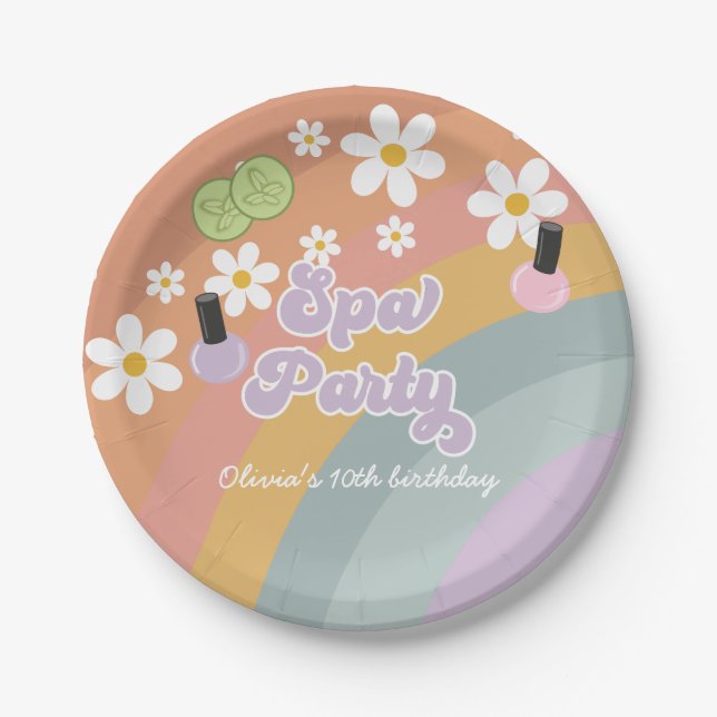 Spa Party Retro Rainbow Birthday Paper Plates (Front)