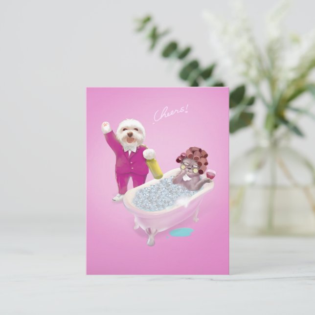 Spa Party: Smiling Bichon & Miss Meow Cheers Announcement Postcard (Standing Front)
