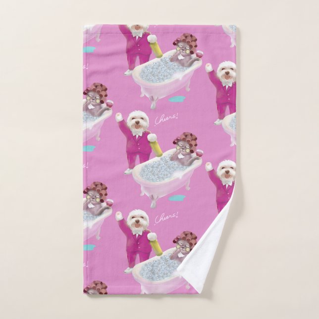 Spa Party: Smiling Bichon & Miss Meow Cheers Hand Towel (Hand Towel)