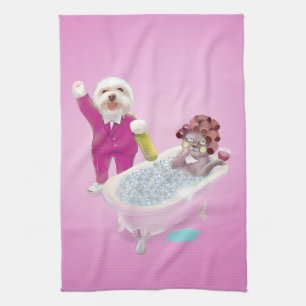 Spa Party: Smiling Bichon & Miss Meow Cheers Kitchen Towel