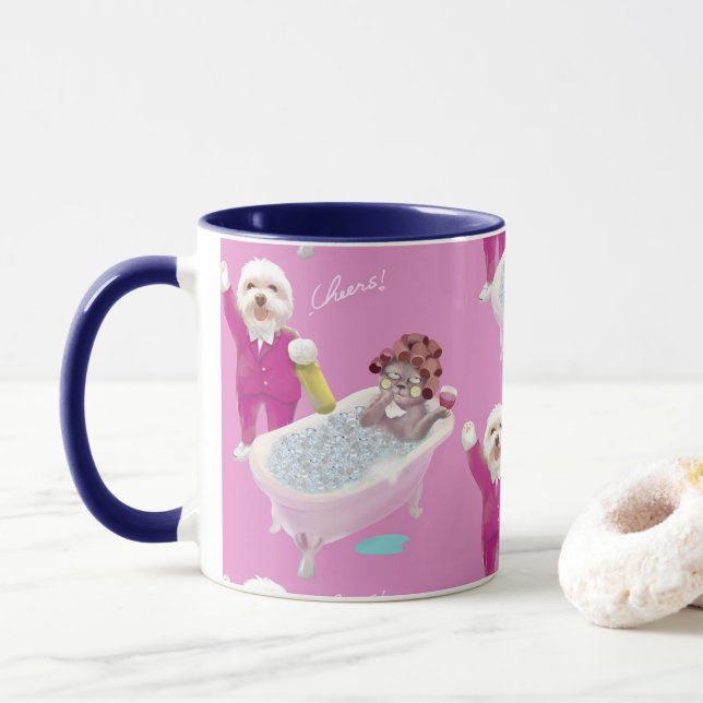 Spa Party: Smiling Bichon & Miss Meow Cheers Mug (With Donut)