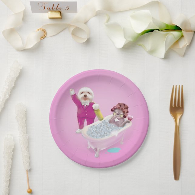 Spa Party: Smiling Bichon & Miss Meow Cheers Paper Plates (Wedding)