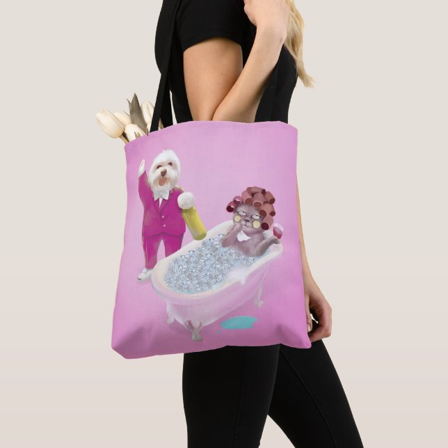 Spa Party: Smiling Bichon & Miss Meow Cheers Tote Bag (Close Up)