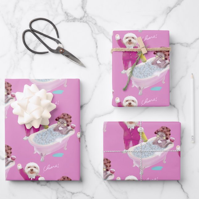 Spa Party: Smiling Bichon & Miss Meow Cheers Wrapping Paper Sheets (Front)