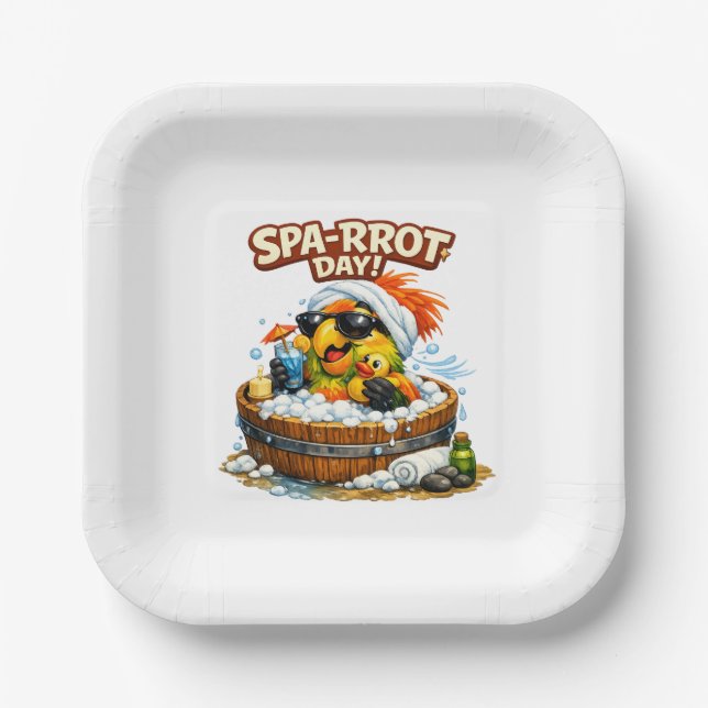 Spa-rrrot Day Funny Parrot Spa Relax Design Paper Plates (Front)