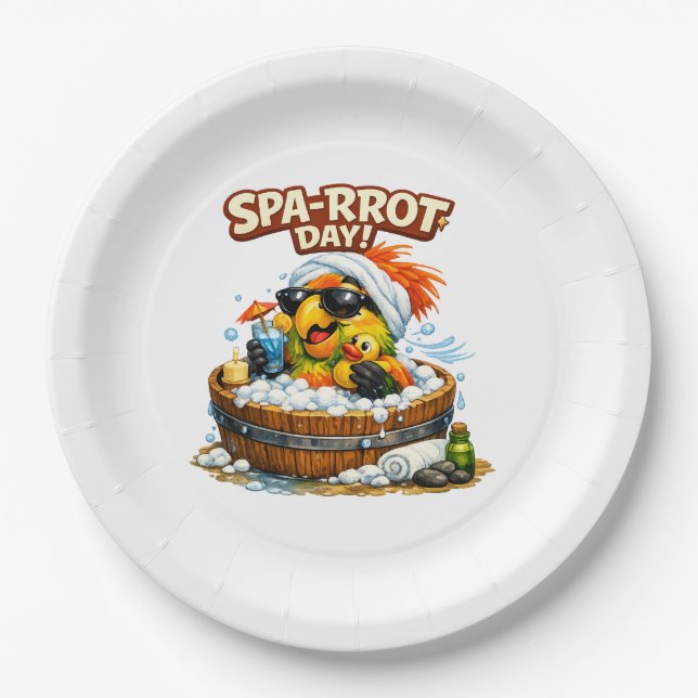 Spa-rrrot Day Funny Parrot Spa Relax Design Paper Plates (Front)