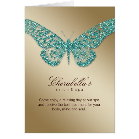 Spa Salon Brochure Card Butterfly Teal Gold (Front)