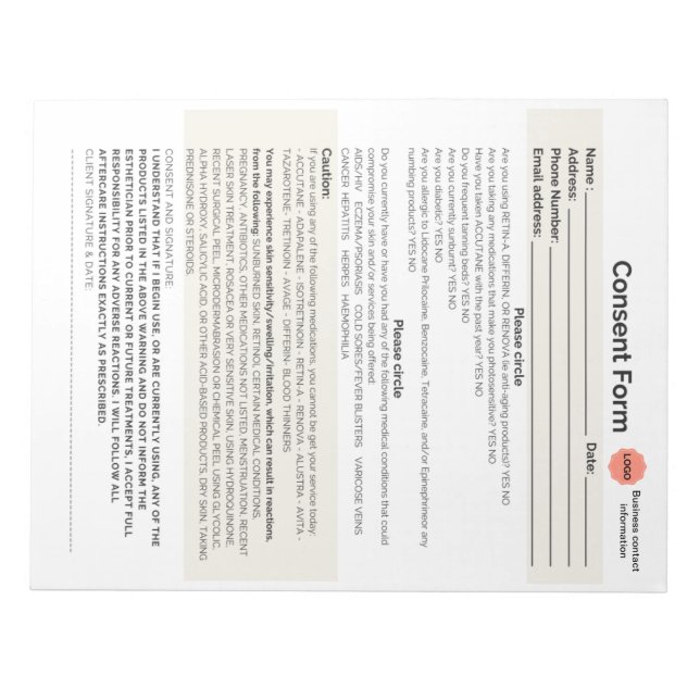 Spa salon consent form notepad (Front)
