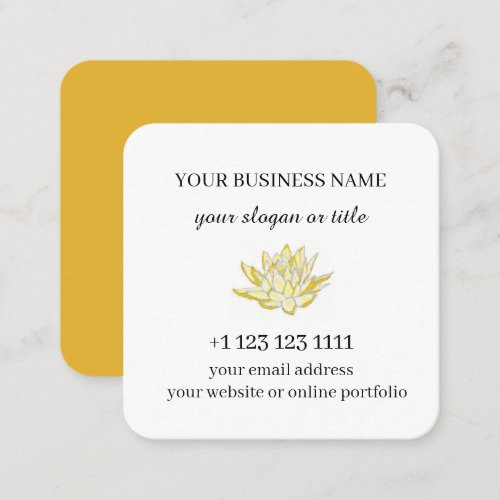 Spa salon life coach therapist yellow lotus flower square business card