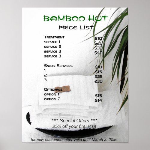 Spa Salon massage price list Poster