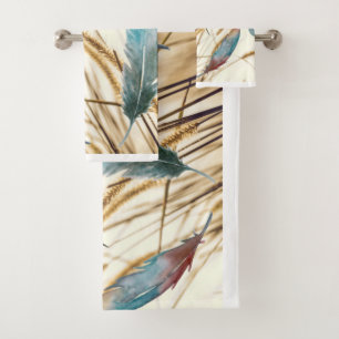 Spa Serenity Teal Rose Feather Zen Luxury Nature Bath Towel Set