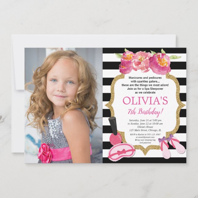 Spa Sleepover Birthday party floral photo Invitation (Front)