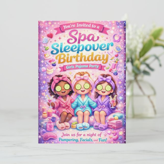 Spa Sleepover Birthday Party Invitation-Girls Spa Invitation (Standing Front)