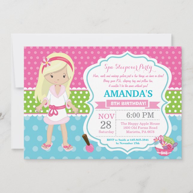 Spa Sleepover Slumber Birthday Party Invitation (Front)