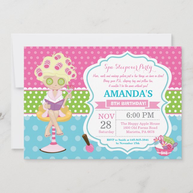 Spa Sleepover Slumber Birthday Party Invitation (Front)