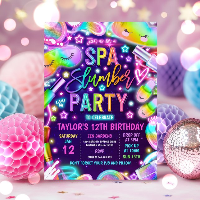 Spa Slumber Neon Spa And Sleepover Birthday Party Invitation (Creator Uploaded)