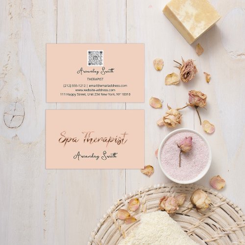 SPA Therapist Golden Script QR Code Logo Rose  Business Card