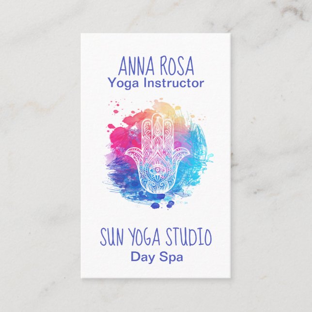 *~* Spa Watercolor Hamsa Hand Yoga Business Card (Front)