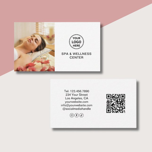 Spa Wellness Center Custom Logo Photo QR White Business Card (Spa Wellness Center Custom Logo Photo QR White Business Card)