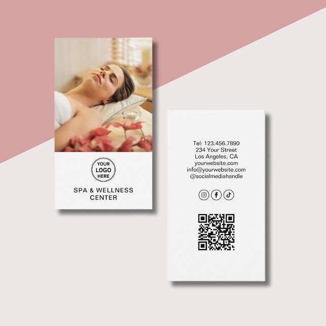 Spa Wellness Center Custom Logo Photo QR White Business Card (Spa Wellness Center Custom Logo Photo QR White Business Card)