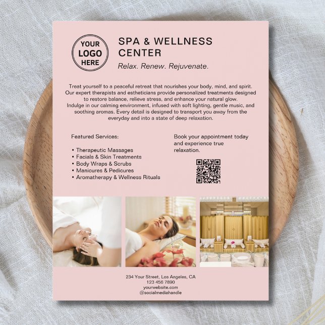 Spa Wellness Center Custom Logo QR Pink Business Flyer (Spa Wellness Center Custom Logo QR Pink Business Flyer)