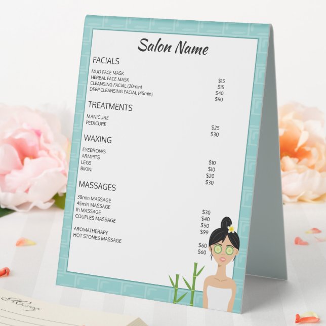 Spa Woman Illustration - Custom Spa Business Menu Table Tent (In SItu (Wedding))