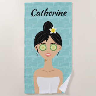 Spa Woman With Cucumbers On Her Eyes Illustration Beach Towel