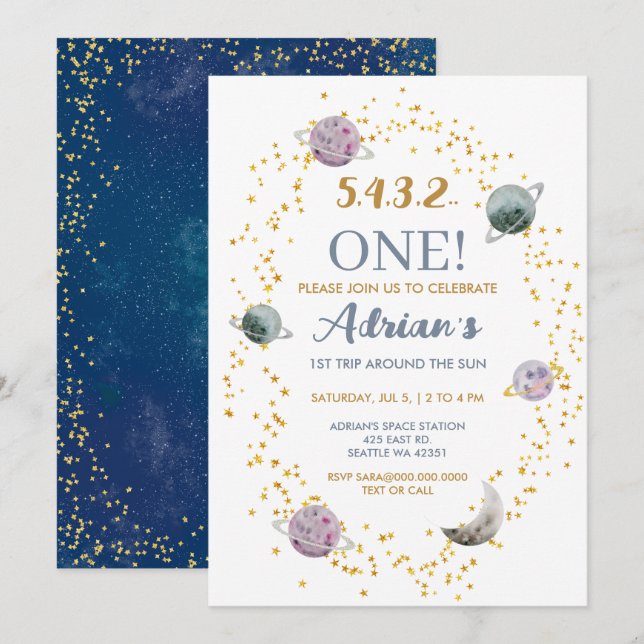 Space 1st Birthday Party First Trip Around The Sun Invitation (Front/Back)