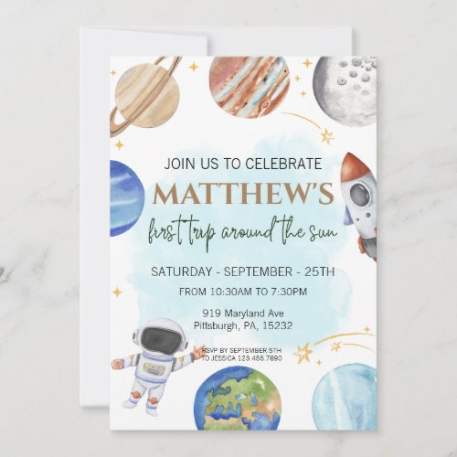Space 1st Birthday Party First Trip Around The Sun Invitation