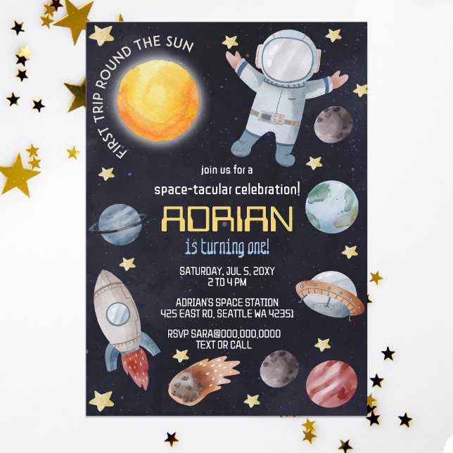 Space 1st Birthday Party First Trip Around The Sun Invitation (1st birthday space party invitation)