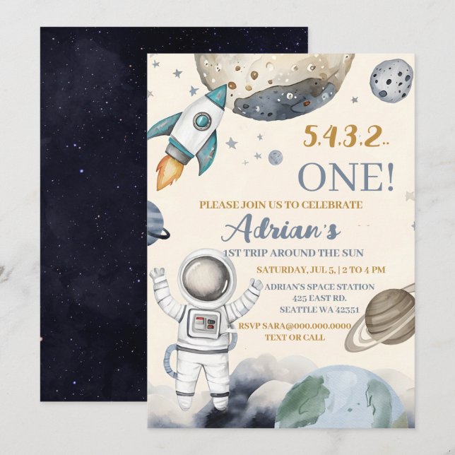 Space 1st Birthday Party First Trip Around The Sun Invitation (Front/Back)