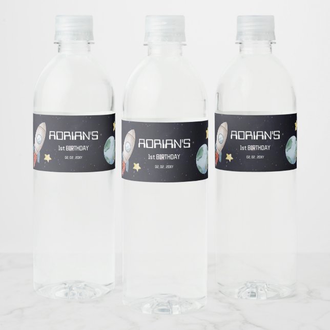 Space 1st Birthday Party First Trip Around The Sun Water Bottle Label (Bottles)