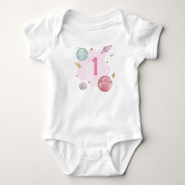 Space 1st Birthday Planets Galaxy One Shirt Girl (Front)